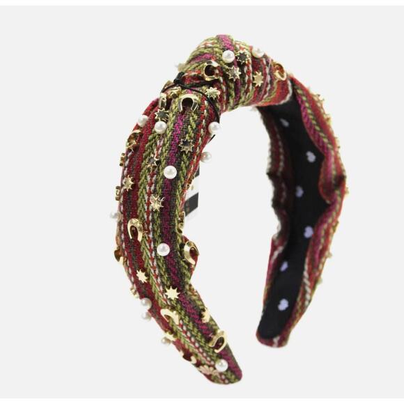 RARE Lele Sadoughi Horseshoe Star Pearl Embellished Knotted Bohemian Headband - Picture 2 of 10